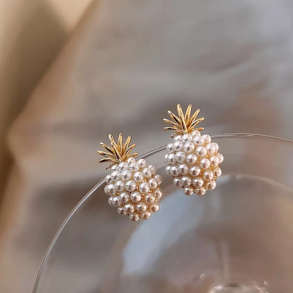 Pearl Pineapple Stud Earrings, Womans earrings - Picture 4 of 5